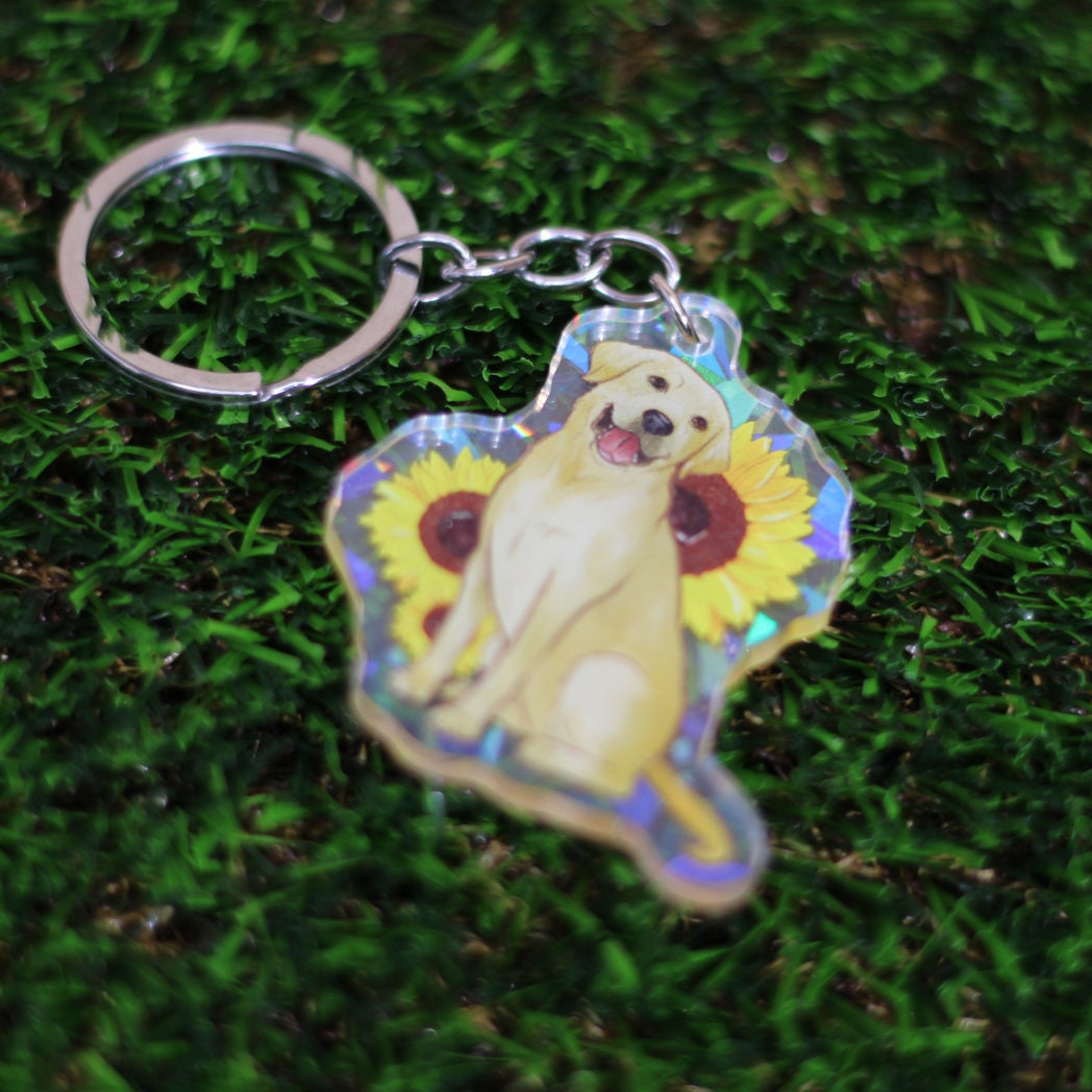 Golden Labrador sunflower Holographic Keyring