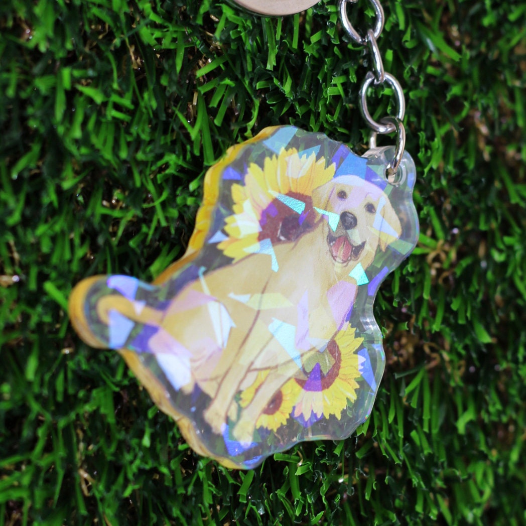 Golden Labrador sunflower Holographic Keyring