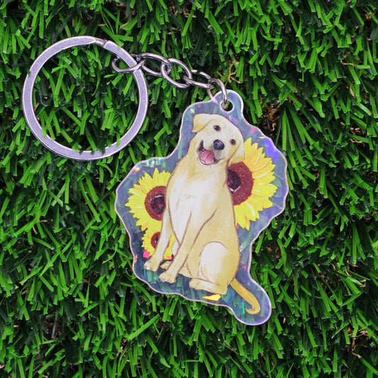 Golden Labrador sunflower Holographic Keyring