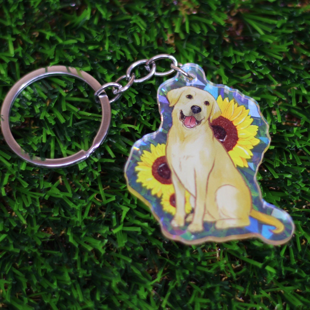 Golden Labrador sunflower Holographic Keyring