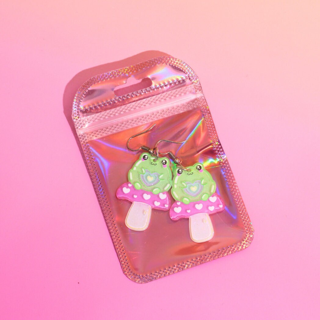 Toad-ally cute glitter frog mushroom kawaii earrings