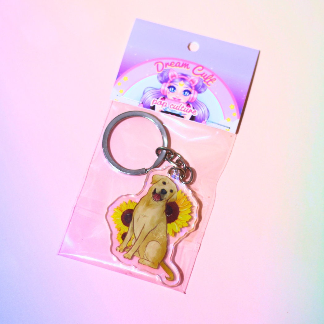 Golden Labrador sunflower Holographic Keyring